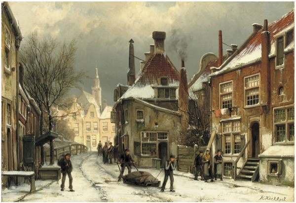 Villagers on a snow-covered street by Willem Koekkoek